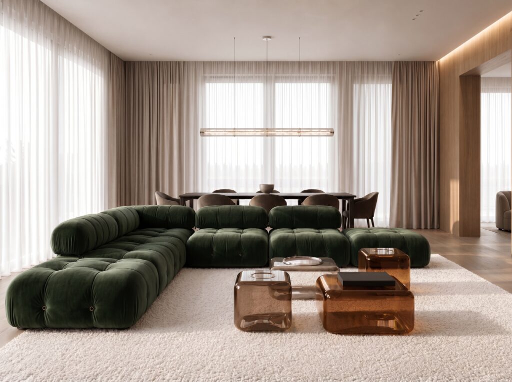 ohnzimmer mit grünem Samtsofa und transparenten Couchtischen – Innenarchitektur München, Atelier Ferraro